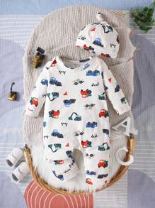 Baby Jungen Cartoon Bagger Bedruckter Jumpsuit Mit Hut, Herbst Und Winter