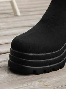 New Arrival Women's Knit Elastic Black Slip-On High-Heeled Over-The-Knee Boots With Thick Sole, Light-Weighted And Stylish, Winter,Platform Heels For Women - Black - View 4