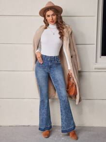 SHEIN LUNE Jeans évasés effilochés avec poches latérales pour femmes - Bleu azur - Voir 5