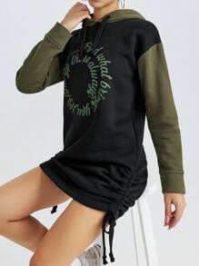 EURMUSE Đồ họa Khẩu hiệu Bên dây rút Váy Hoodie - màu xanh lá - Xem 4