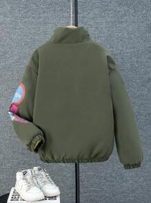 Tween Boy Cute Bear Pattern Stand-Up Collar Green Padded Coat, For Children Aged 8 Or Above - Army Green - View 2