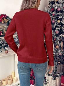 SHEIN LUNE Sequin Christmas Tree Pattern Drop Shoulder Knit Pullover Fall Winter Sweater - Red - View 2