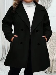 SHEIN CURVE+ Plus Lapel Neck Double Breasted Overcoat - Black - View 1