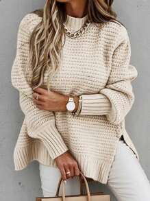 SHEIN LUNE Plus Solid Split Hem Sweater Knit Pullover Fall Winter Sweater - Apricot - View 1