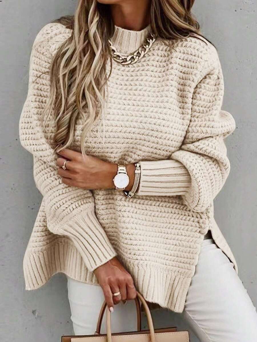 SHEIN LUNE Plus Solid Split Hem Sweater Knit Pullover Fall Winter Sweater - Apricot - View 1