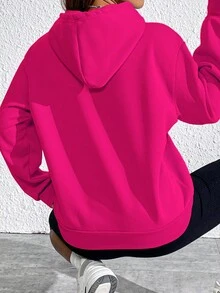 SHEIN Essnce Women's Letter Printed Kangaroo Pocket Drawstring Hoodie - Hot Pink - View 2