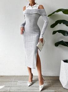 SHEIN Privé 冷肩設計，下擺劈片設計的2合1連衣裙 - 灰色 - 查看 1