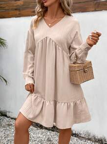 SHEIN VCAY Women's V-neck Ruffle Hemline Dress - Apricot - View 1