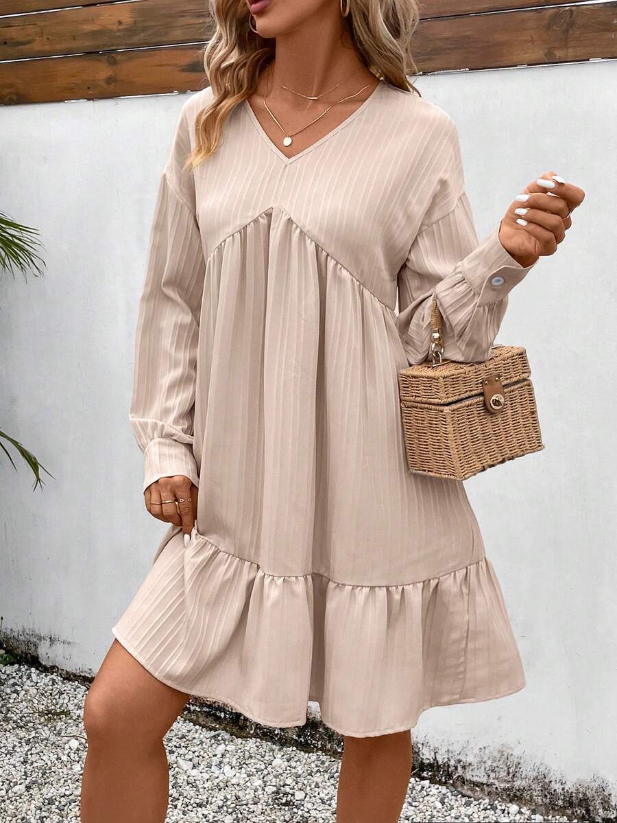 SHEIN VCAY Women's V-neck Ruffle Hemline Dress - Apricot - View 1