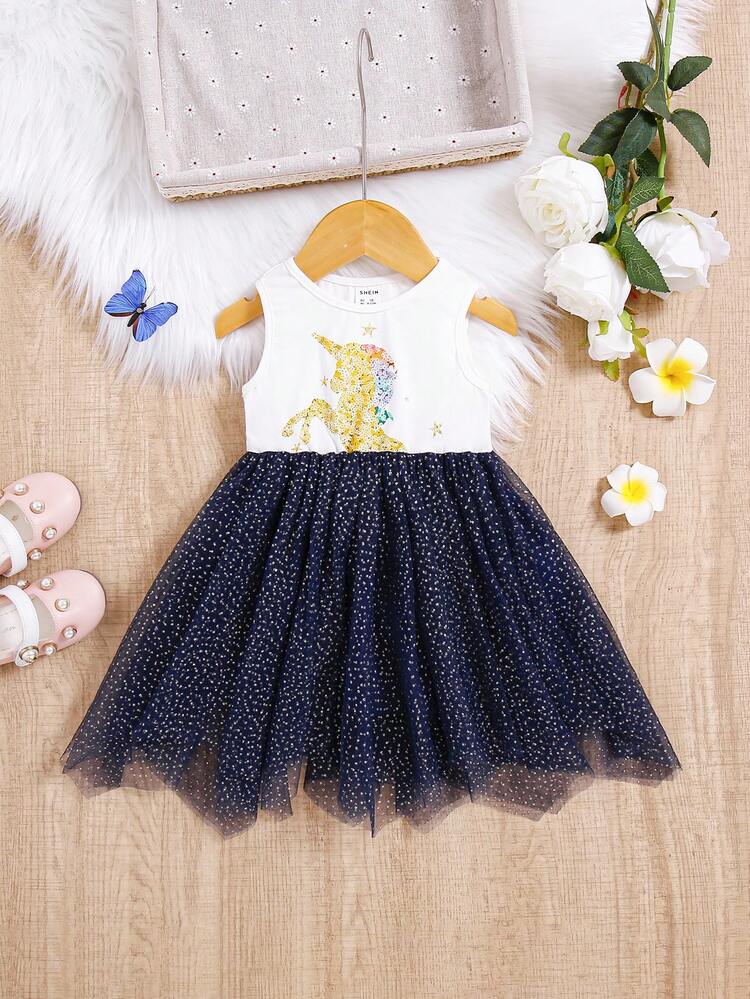 Baby Girl Unicorn Print Mesh Hem Dress