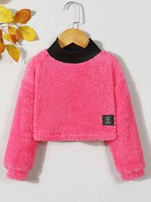 SHEIN Girls' High Neck Ribbed Detail Plush Cool Sweatshirt With Patch For Autumn And Winter - Hot Pink - View 1