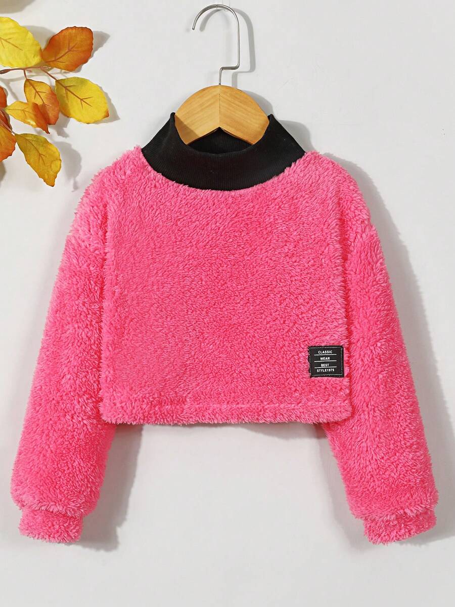 SHEIN Girls' High Neck Ribbed Detail Plush Cool Sweatshirt With Patch For Autumn And Winter - Hot Pink - View 1