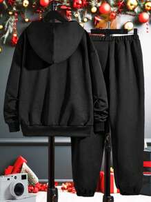 Boys' Casual Christmas Pattern Hoodie And Sweatpants Set - Black - View 2