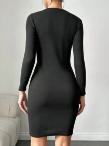 RueChic Contrast Floral Mesh Yoke Bodycon Dress - Black - View 2