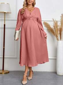 SHEIN Vestido De Punto Con Pliegues Y Torsiones Para Mujeres Embarazadas - Rosa vieja - Ver 4