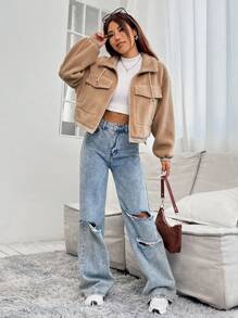 SHEIN Unity Flap Pocket Drop Shoulder Drawstring Teddy Jacket - Brown - View 4