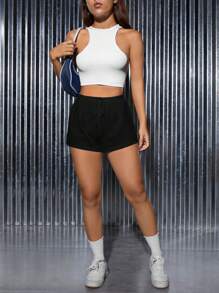 SHEIN PETITE Ladies' Solid Drawstring Shorts - Black - View 5