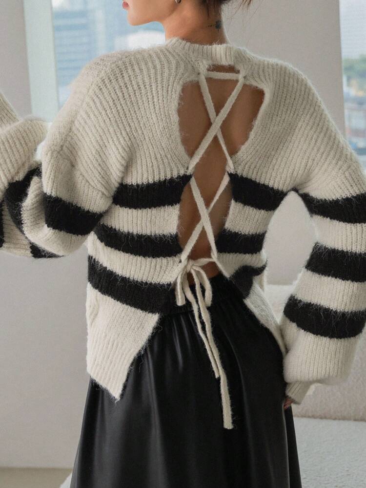 Women'S Striped Plush Drop Shoulder Sweater With Back Ribbon Tie Fall