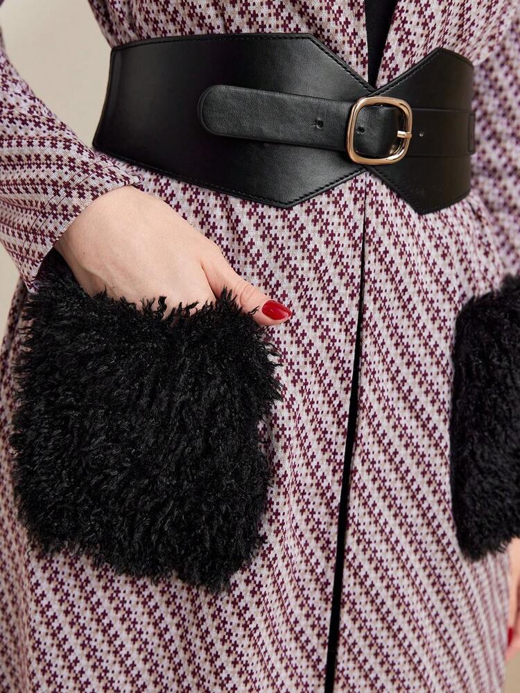 Fuzzy Pocket Patched Open Front Coat With Buckle Belt