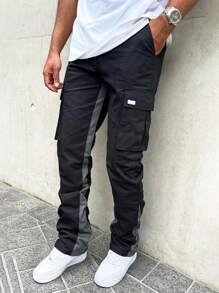 Manfinity Homme Men's Pocket Design Pants Straight Leg Cargo Color Block Going Out Boyfriend Gift - Black - View 5