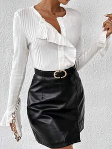 SHEIN Privé Viền Ruffle tay áo lá sen Áo thun - trắng - Xem 4