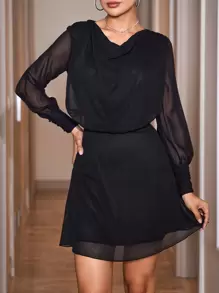 SHEIN Cottnline Draped Neck Long Sleeve Dress - Black - View 6