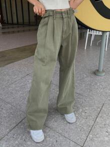 DAZY Cao eo Chi tiết nếp Quần chân thẳng - màu xanh lá - Xem 7