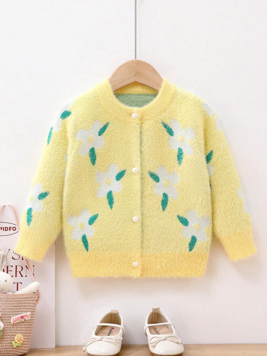 SHEIN 女孩花卉印花開襟毛衣(兒童)