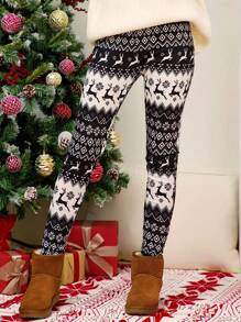 Plus Christmas Cartoon Printed Leggings - Black - View 1