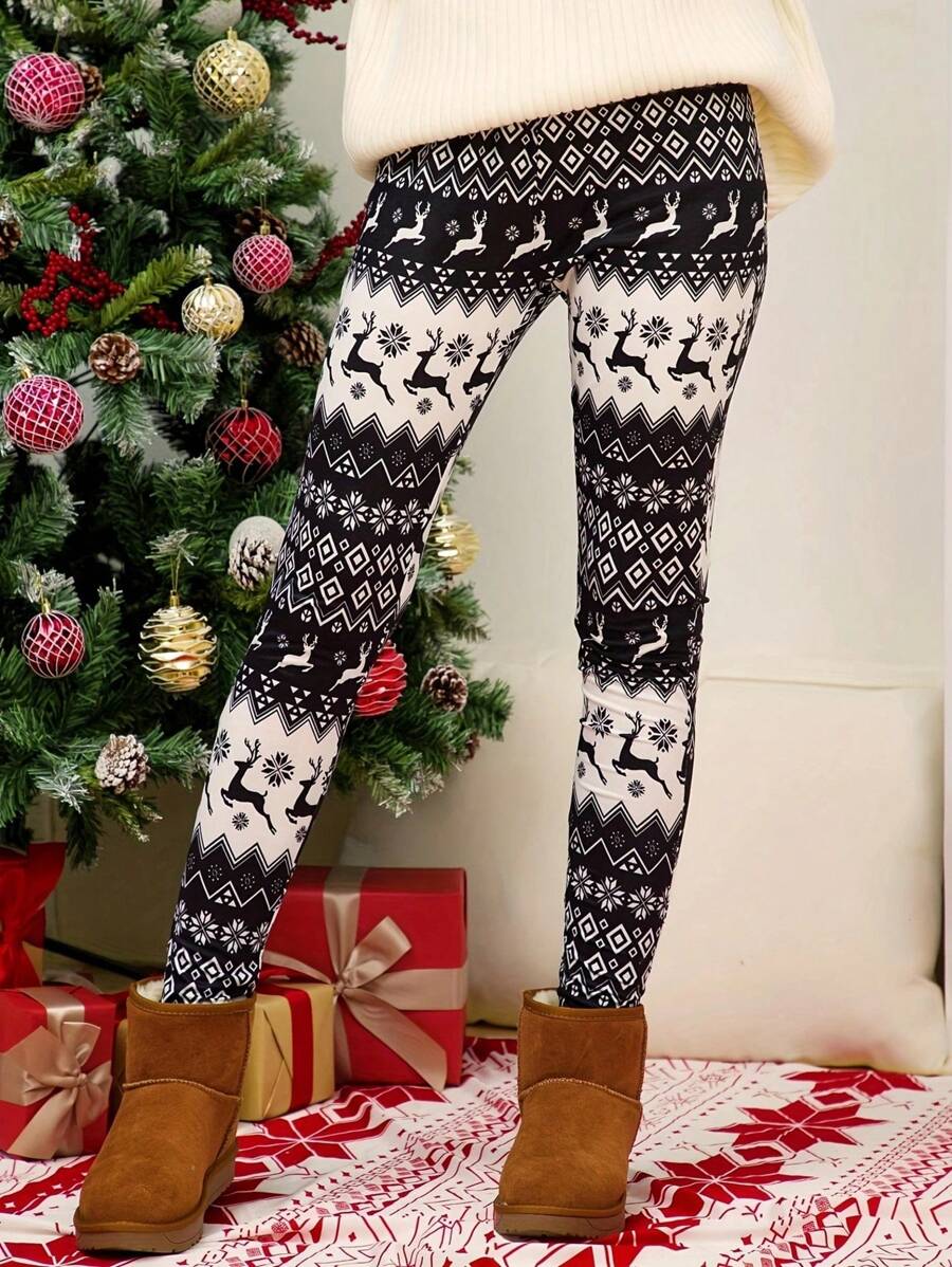Plus Christmas Cartoon Printed Leggings - Black - View 1
