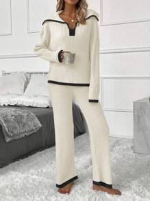 SHEIN Frenchy Contrast Trim Drop Shoulder Sweater & Knit Pants - Multicolor - View 4