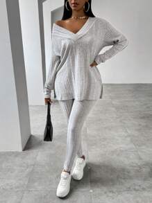 VaVaBold V領落肩羅紋針織上衣+緊身褲兩件套