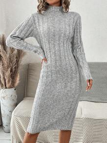 SHEIN LUNE 女式秋冬立领罗纹针织毛衣裙 - 灰色 - 查看 6