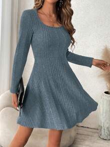 SHEIN Frenchy Solid Color Knitted Dress Without Belt - Baby Blue - View 4