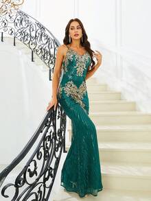 Missord 女士花朵刺繡和鏈珠細節晚禮服,綁帶上的花樣繡 - 綠色 - 查看 5