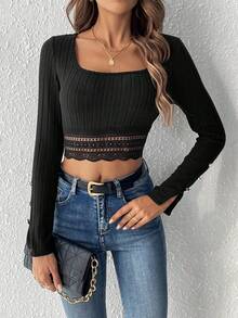 SHEIN Frenchy Quý cô Trang trí ren Hem Áo thun - màu đen - Xem 5