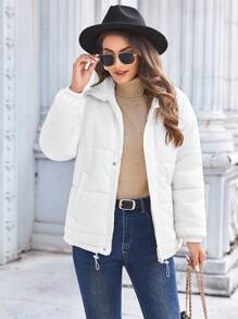 GENKIRA Áo khoác đệm ngắn cổ khóa kéo màu trơn cho nữ, quần áo mùa đông - Màu be - Xem 3