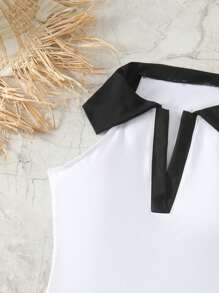 SHEIN Swim 夏季有领拼色连体泳衣 - 黑與白 - 查看 6