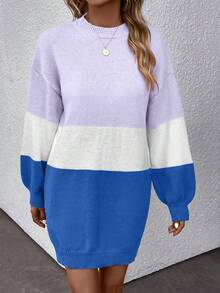 SHEIN LUNE 女款三色圓領拼布設計中長毛衣連身裙 - 彩色 - 查看 5