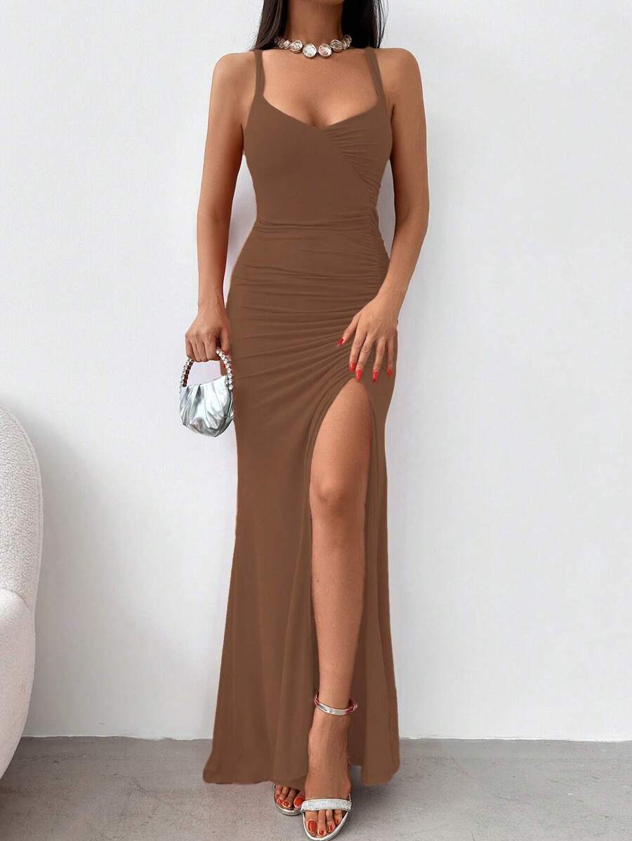 EURMUSE Solid Color Ruffle Pleated Split Hem Cami Dress - Mocha Brown - View 1