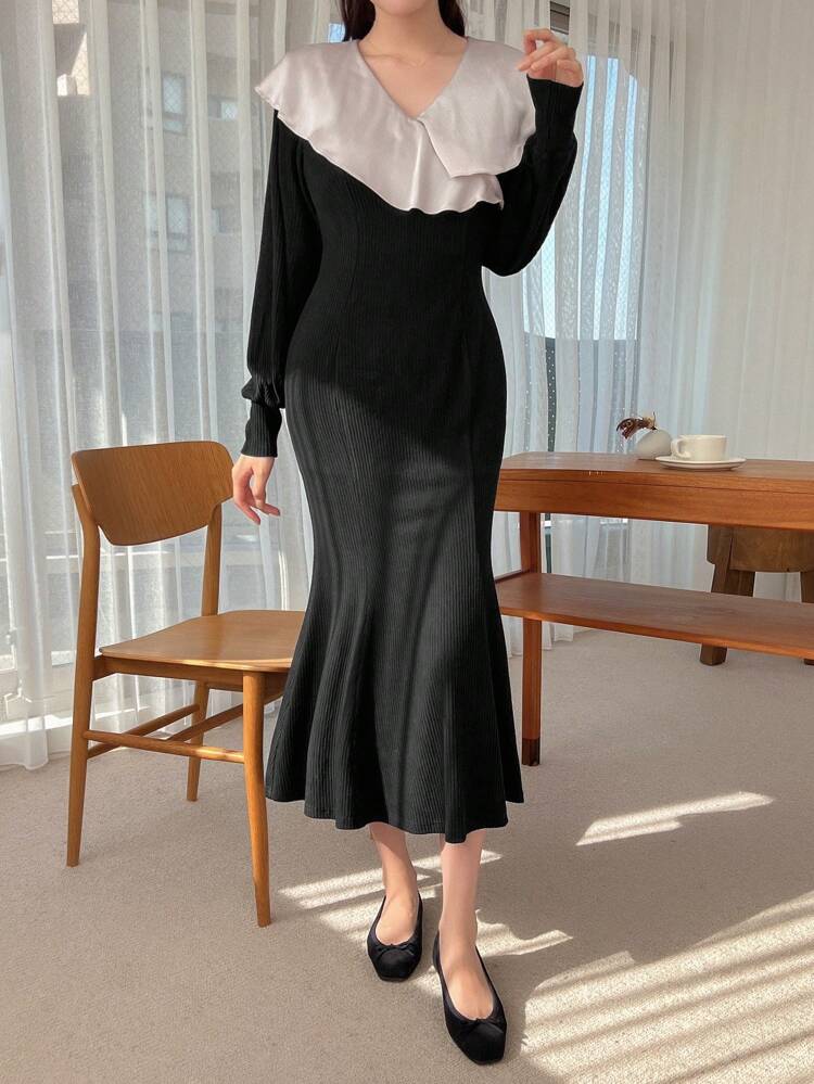 Women's Color Contrast Mermaid Hem Ruffle Trim Dress,Fall Dress Long Sleeve Dress Maxi Dress