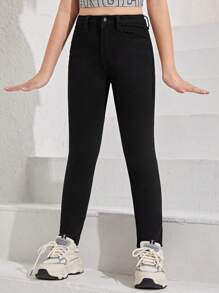 SHEIN Explorewe Tween Girl Solid Slant Pocket Jeans - Black - View 5