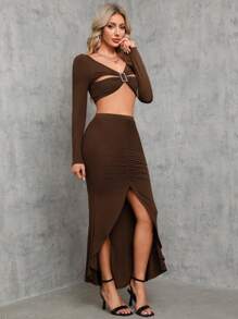 SHEIN Tall 鑽石扣細節短上衣和褶皺不對稱襬裙 - 淡紫色 - 查看 1