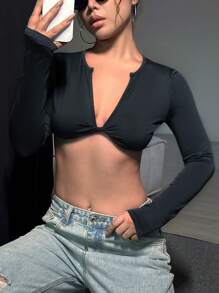 SHEIN Unity Rắn màu Xoắn Mặt trước Siêu Ngắn Top Cây trồng - Xám - Xem 7