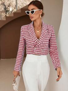 SHEIN BIZwear Houndstooth Print Double Button Crop Blazer - Red - View 4
