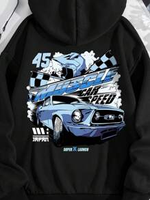 SHEIN EZwear Women's Racing Print Hoodie Sweatshirt With Back Print - Black - View 3