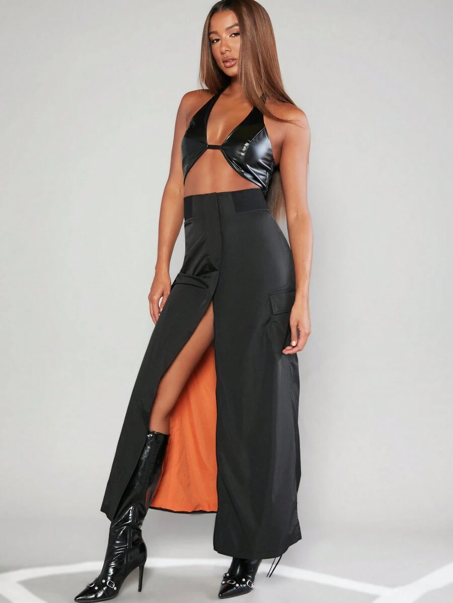 SHEIN Unity Flap Pocket Contrast Split Front Skirt - Black - View 1