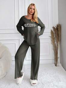 EURMUSE Letter Printed Ribbed Knit Loungewear Set - Dark Green - View 4