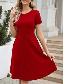 Solid A-line Dress - Red - View 1