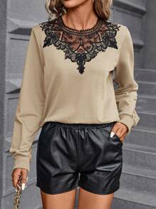 SHEIN Clasi Chèn ren Guipure Áo nỉ - Lạc đà - Xem 1
